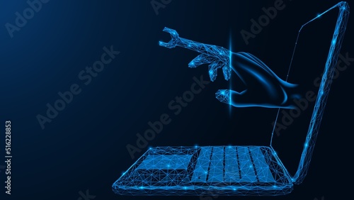 Online computer repair and maintenance service. The finger of the hand in the form of a wrench comes out of the laptop monitor. Low-poly design of interconnected lines and dots. Blue background.