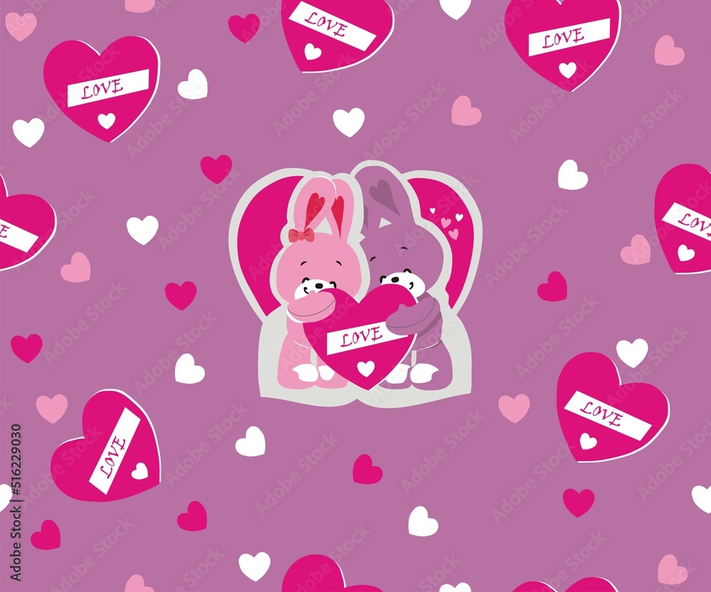 Seamless vector pattern with two hares and a hearts on a pink background 
for printing on fabric and paper. Design for fabric, textiles, wallpaper, notepad,
Valentine's day cards.