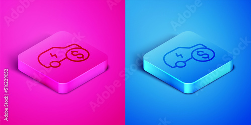 Isometric line Electric car price icon isolated on pink and blue background. Electric auto industry growth concept. Electric car sale concept. Square button. Vector