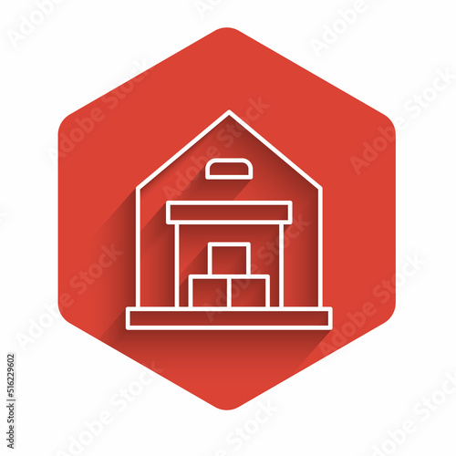 White line Warehouse icon isolated with long shadow background. Red hexagon button. Vector