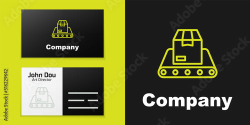 Logotype line Conveyor belt with cardboard box icon isolated on black background. Logo design template element. Vector