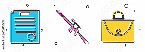 Set The arrest warrant, Sniper rifle with scope and Briefcase icon. Vector