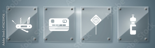 Set Bottle of water, Parking, Credit card and Swiss army knife. Square glass panels. Vector