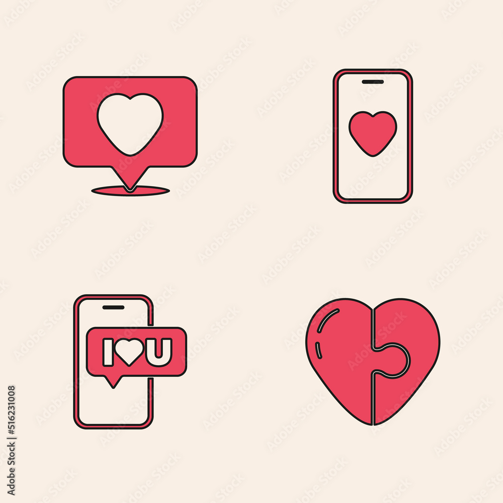 Set Heart, Like and heart, Online dating app chat and Mobile with icon. Vector Set Heart, Like and heart, Online dating app chat and Mobile with icon. Vector