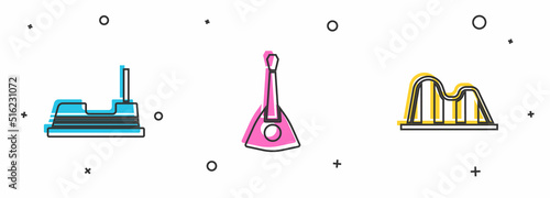 Set Bumper car, Balalaika and Roller coaster icon. Vector