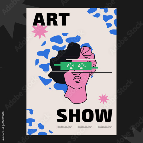 Art poster for an exhibition, a creative festival, show. Hand-drawn illustrations with a greek bust of the goddess. Abstract figures on the background of placard.