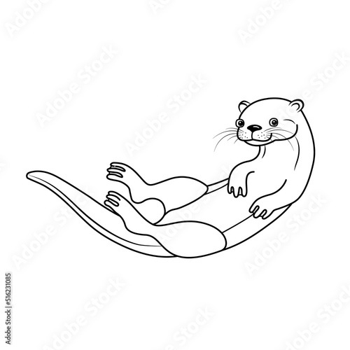 Vector hand drawn outline doodle sketch cute otter isolated on white background. Happy otter swimming and smiling underwater. Black and white animal illustration. 