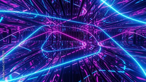 Vj loop neon room. Mirror room with neon light. Abstract festive bg with bright reflection. Dark room disco lights. Seamless looped bg with neon light. Night club bright neon style bg. Moving light