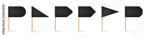 Realistic various toothpick flags. Wooden toothpicks with black paper flag. Location mark, map pointer. Blank mockup for advertising and promotions. Vector illustration