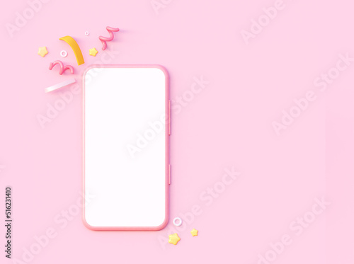 A festive pink smartphone with white blank screen. With decorated festive elements in the form of fireworks. 3d rendering illustration