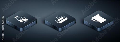 Set Isometric Bottle milk and glass, Milk jug or pitcher and Butter in butter dish icon. Vector