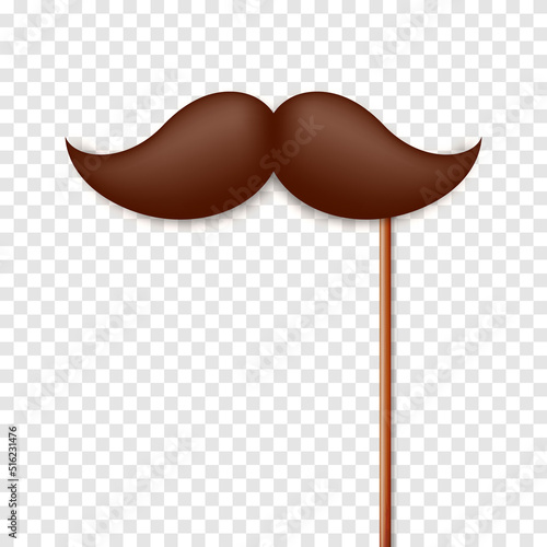 Realistic fake mustache on a wooden stick. Vintage paper mustache for carnival or holiday. Brown facial hair, hipster beard. Vector illustration