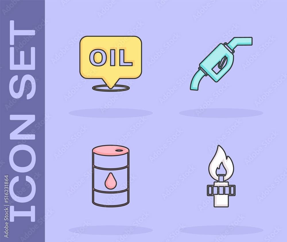 Set Oil rig with fire, Word oil, Barrel and Gasoline pump nozzle icon. Vector Set Oil rig with fire, Word oil, Barrel and Gasoline pump nozzle icon. Vector