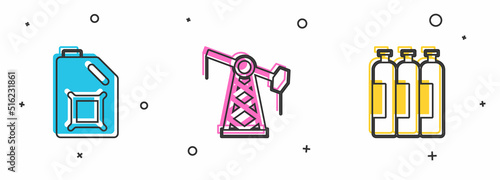 Set Canister for motor oil, Oil pump pump jack and Industrial gas cylinder tank icon. Vector