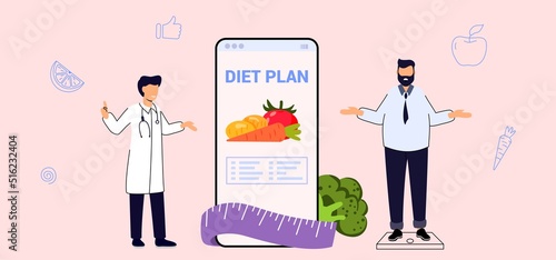 Nutritionist concept Diet plan Weight loss program Online medical consultation Healthcare Nutrition therapy Healthy food and physical activity Vector illustration flat Checklist Doctor planning diet