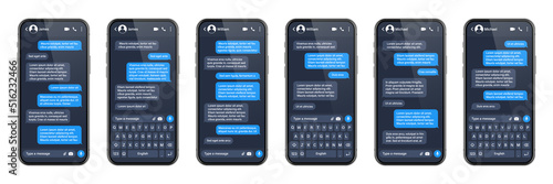 Realistic smartphone with messaging app. SMS text frame. Conversation chat screen with blue message bubbles and placeholder text. Social media application. Vector illustration.