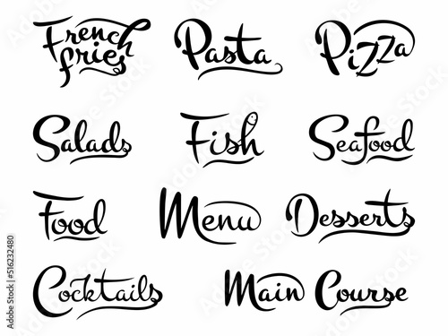 Vector set of calligraphic handwritten inscriptions on the theme of the food menu in black