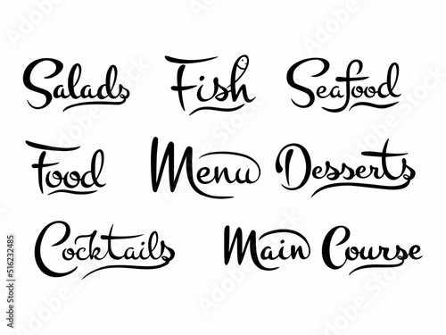 Vector set of calligraphic handwritten inscriptions on the theme of the food menu in black
