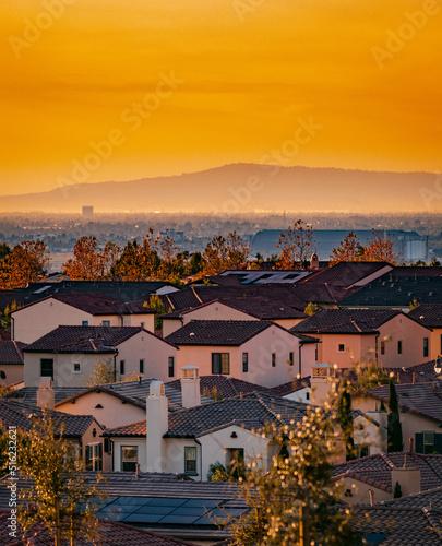 Suburban Orange County housing at sunset in Southern California	