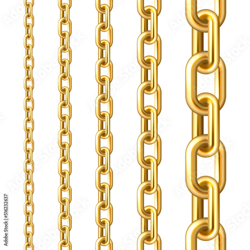 Realistic gold plated seamless metal chain with golden links isolated on white background. Vector illustration.