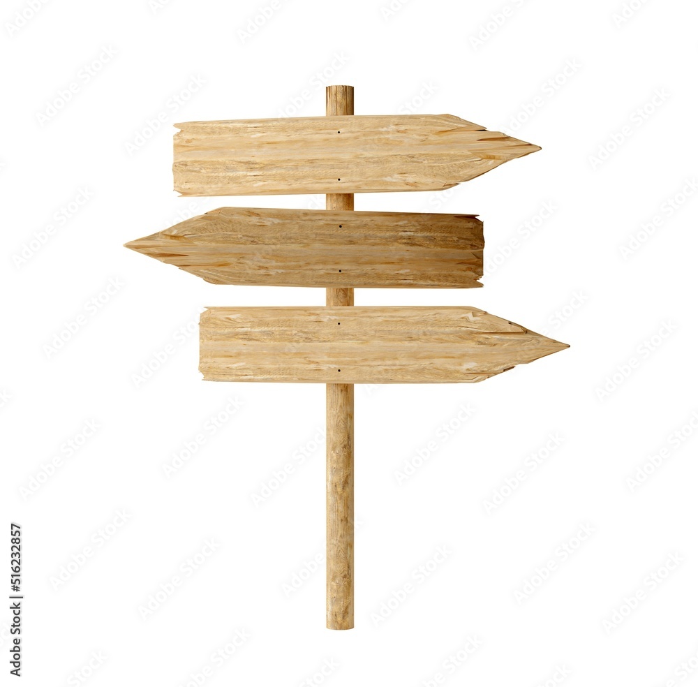 Three empty, blank wooden arrow signs on wood post with room for text, wooden board direction signs template isolated on white background Three empty, blank wooden arrow signs on wood post with room for text, wooden board direction signs template isolated on white background