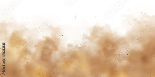 Realistic dust clouds isolated on white background. Sand storm with dirt particles, polluted dirty brown air, smog. Vector illustration
