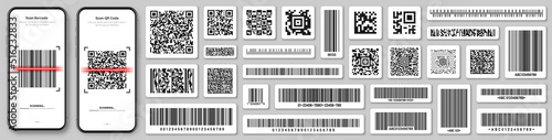 Product barcodes and QR codes. Smartphone application, scanner app. Identification tracking code. Serial number, product ID with digital information. Store, supermarket scan labels, vector price tag.