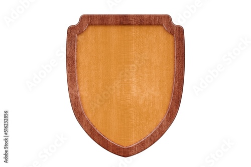 Empty, blank coat of arms, emblem or crest wood sign, board or plaque with dark wood frame and bevelled corners isolated on white background photo