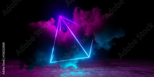 Abstract cyan blue and pink neon glowing wireframe pyramid with large smoke cloud and rough shiny floor © Shawn Hempel