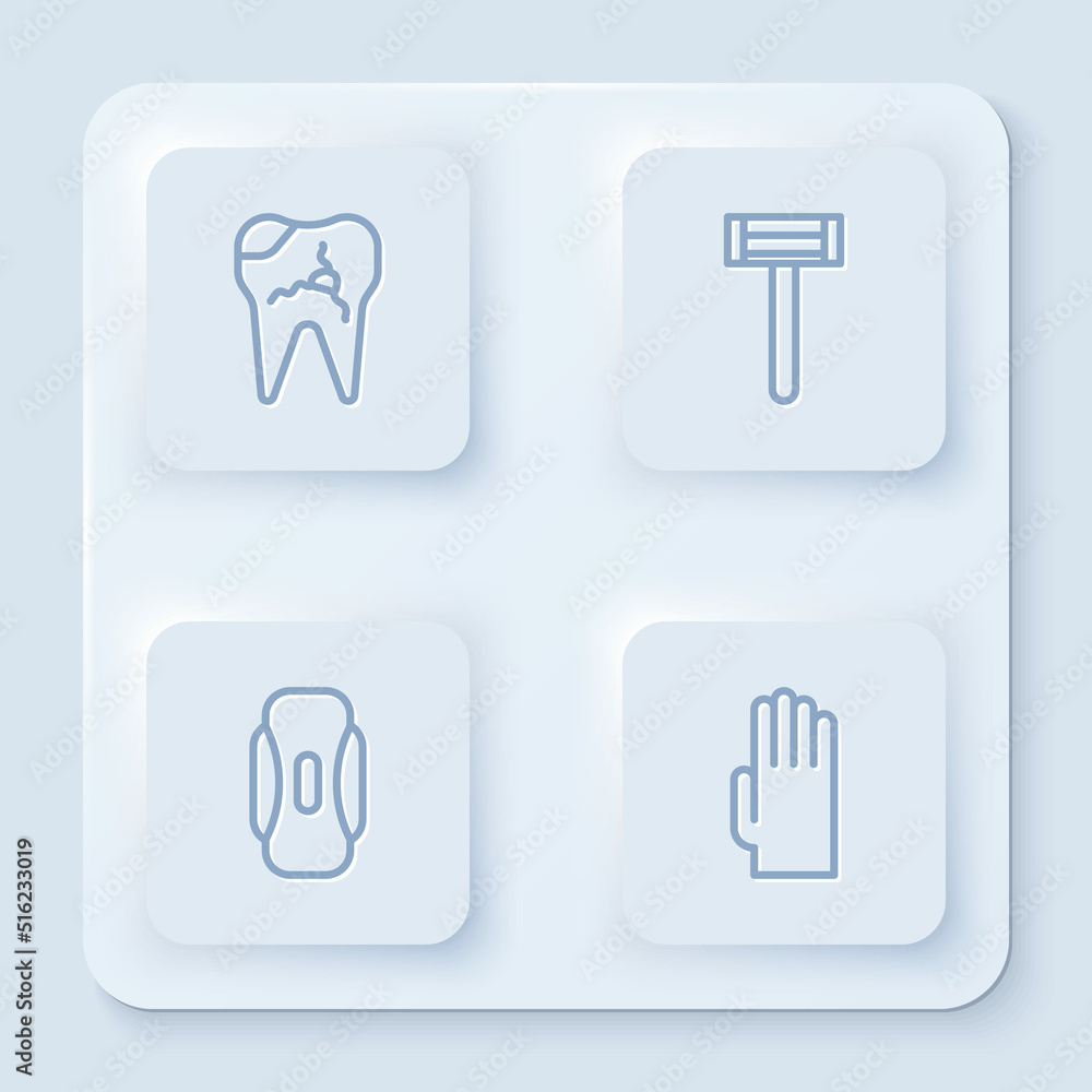 Set line Broken tooth, Shaving razor, Sanitary napkin and Rubber gloves. White square button. Vector Set line Broken tooth, Shaving razor, Sanitary napkin and Rubber gloves. White square button. Vector