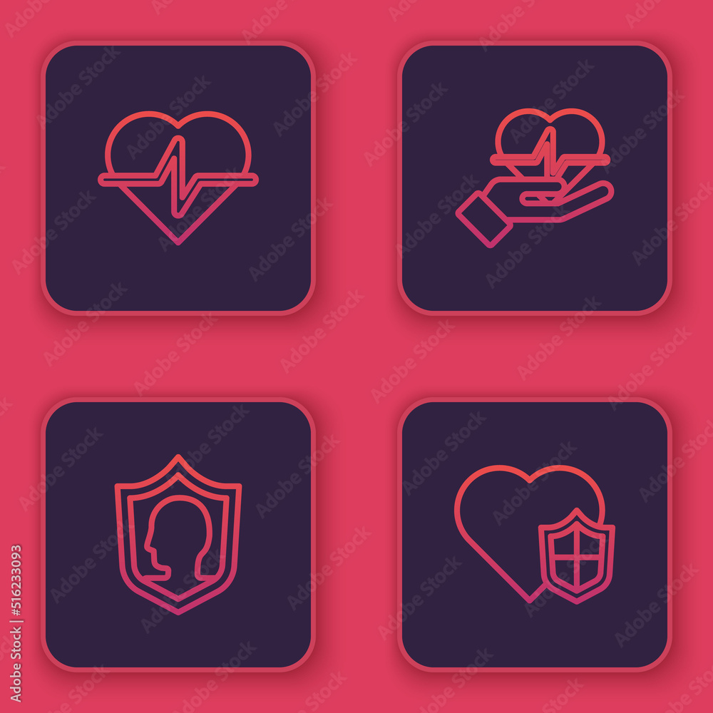Set line Life insurance, with shield, hand and . Blue square button. Vector Set line Life insurance, with shield, hand and . Blue square button. Vector