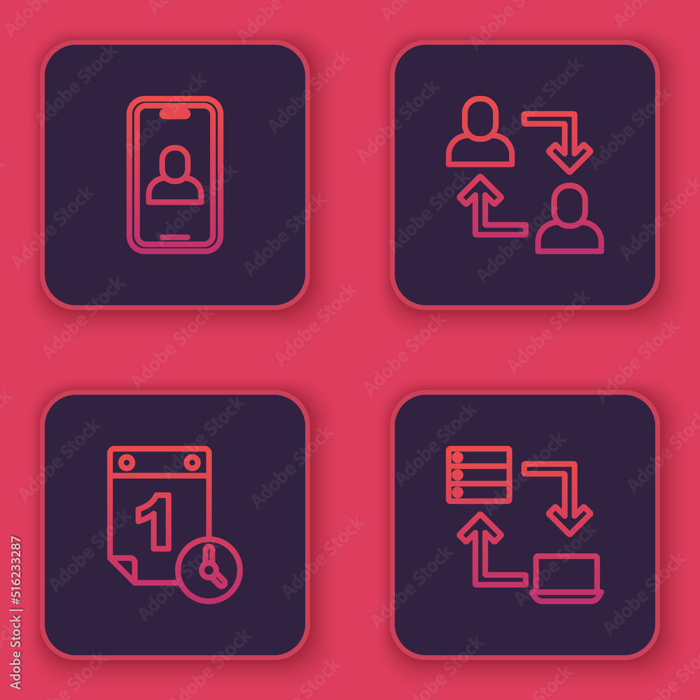 Set line Video chat conference, Time management, Project team base and Online working. Blue square button. Vector Set line Video chat conference, Time management, Project team base and Online working. Blue square button. Vector