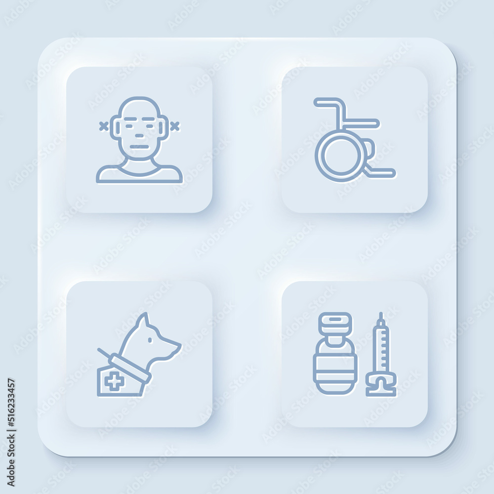 Set line Deaf, Wheelchair, Guide dog and Syringe. White square button. Vector