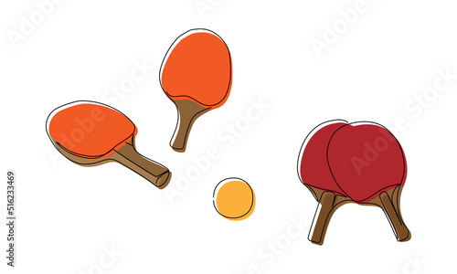 Ping pong rackets and ball colored one line art. Continuous line drawing of table tennis, sport, fitness, activity, game, paddles, training, leisure, rubber, wood, sporting, equipment, play, color.