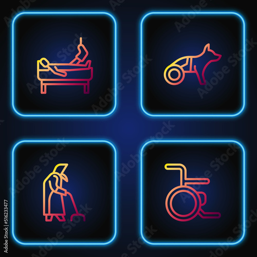 Set line Wheelchair, Grandmother, Patient with broken leg and Dog in wheelchair. Gradient color icons. Vector