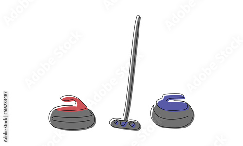 Curling set with broom and stone colored one line art. Continuous line drawing of sport, winter, match, player, sports, activity, rink, game, rock, broom, badge ice play, color.