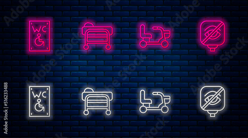 Set line Stretcher, Electric wheelchair, Separated toilet for disabled and Blindness. Glowing neon icon on brick wall. Vector