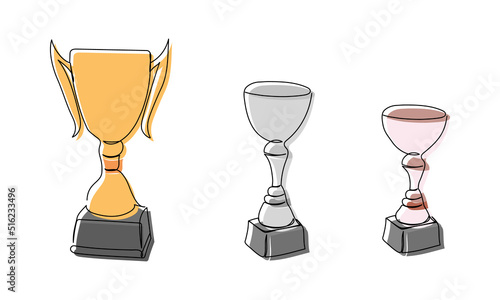 Winners goblets colored one line art. Continuous line drawing of sport, award, distinction, victory, trophy, first, gold, silver, bronze, championship, tournament, triumph, competition, color.
