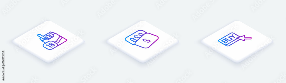 Set Isometric line Cigarettes pack box, New price tag dollar and Buy button. White square button. Vector Set Isometric line Cigarettes pack box, New price tag dollar and Buy button. White square button. Vector