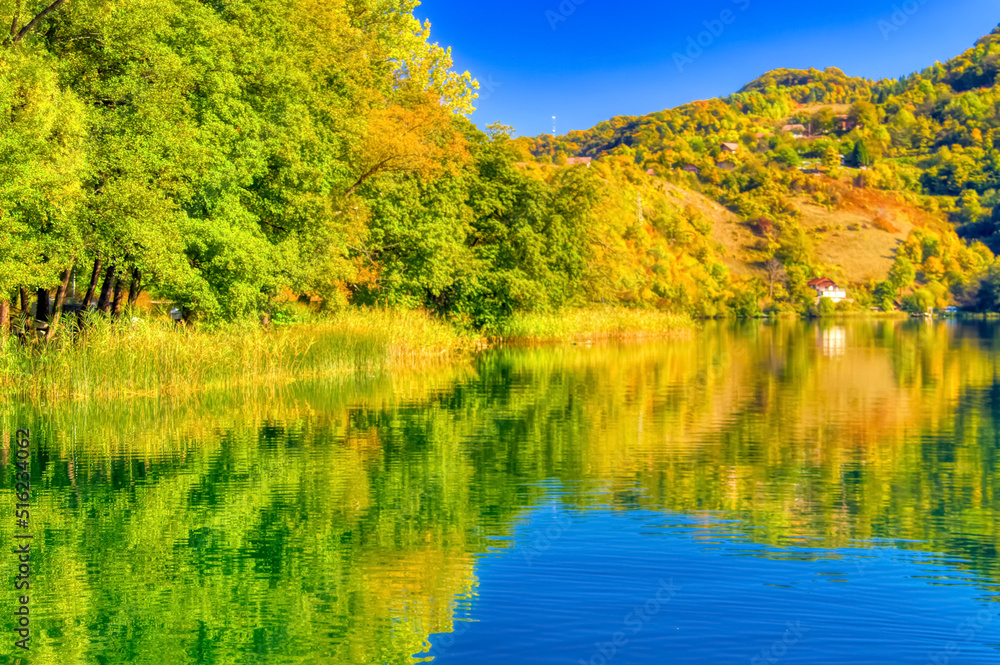 Great Pliva lake landscape during sunny autumn day.