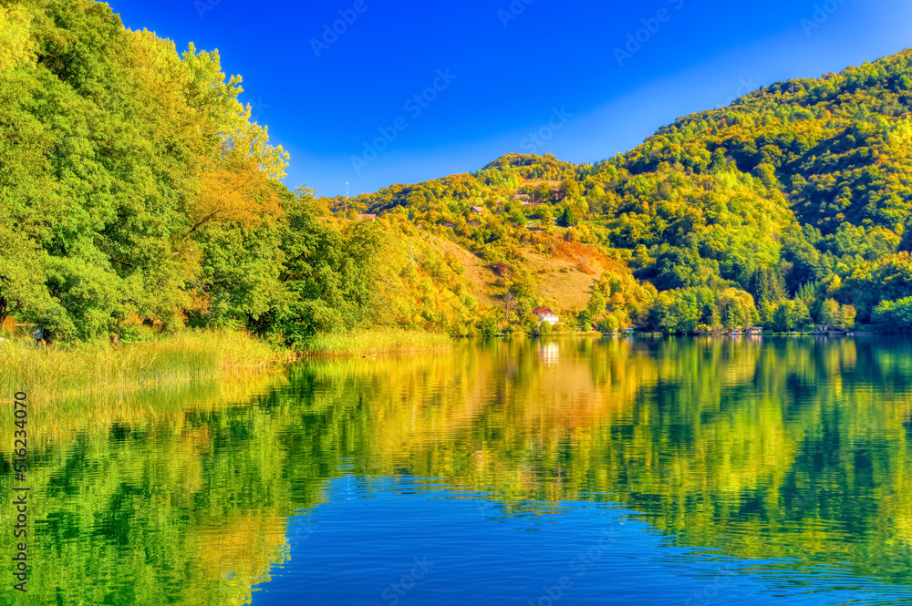 Great Pliva lake landscape during sunny autumn day.