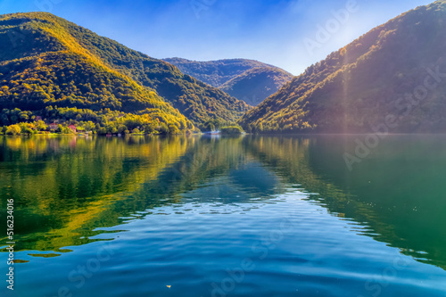 Great Pliva lake landscape during sunny autumn day.