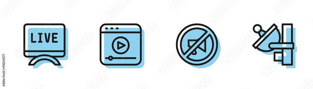 Set line Censored stamp, Live report, stream and Radar icon. Vector Set line Censored stamp, Live report, stream and Radar icon. Vector