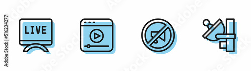 Set line Censored stamp, Live report, stream and Radar icon. Vector