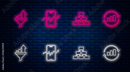 Set line Mobile stock trading, Hierarchy organogram, Sales funnel with chart and Graph infographic. Glowing neon icon on brick wall. Vector