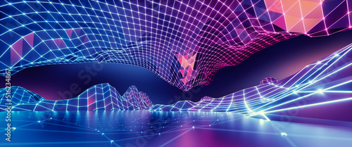3d render, abstract geometric background, virtual reality environment, cyber space landscape with mountains. Mesh surface glowing with neon light photo