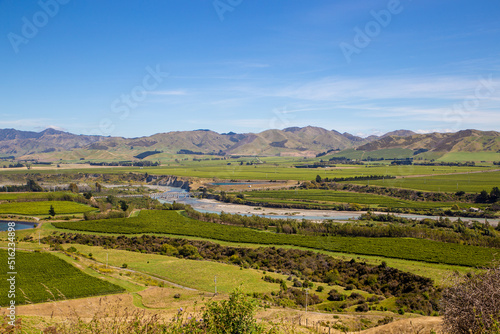 The Awatere River flows down through Seddon towards the sea in the Marlborough District of New Zealand  photo