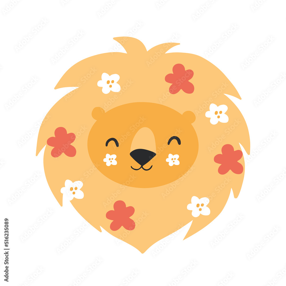 Cute lion with floral. Modern vector illustration