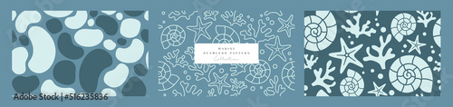 Collection of a marine seamless pattern. Trendy hand-drawn sea patterns perfect for branding, fabric, packaging, baby products, spa, wedding, cosmetics, etc. Minimal vector graphics, easy to adjust.
