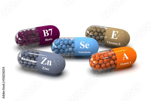 Set of capsules with detox nutrients and vitamins b7, zinc, vitamin A, E, selenium on white background. Medical 3D rendering illustration photo